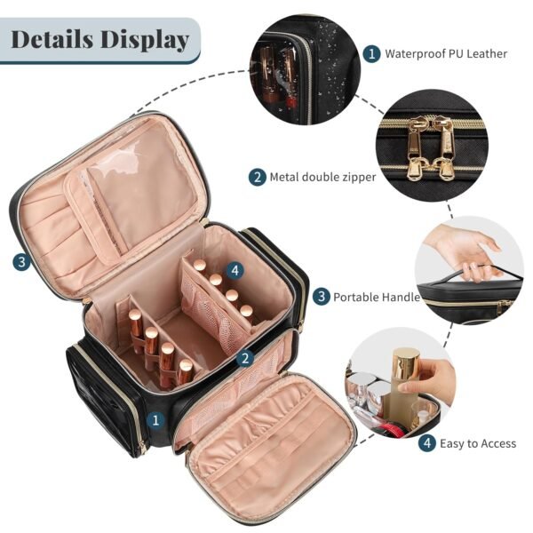 71J0MdTliuL._SL1500_.jpg Large Makeup Bag, Portable Travel Makeup Bag Organizer for Women Girls with Makeup Brush Compartment & Two Side Pockets, Cosmetic Travel Bag Vertical Storage Toiletry Bag - Black