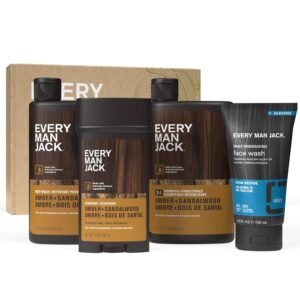 71J8FVzqOfL._SL1500_.jpg Every Man Jack Men’s Amber + Sandalwood Bath and Body Gift Set - Clean Ingredients & Sandalwood, Amber, and Vetiver scent - Round Out His Routine with Body Wash, 2-in-1 Shampoo, Deodorant & Face Wash
