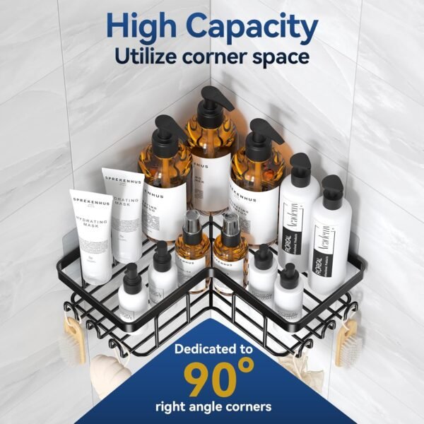 YASONIC Corner Adhesive Shower Caddy, with Soap Holder and 12 Hooks, Rustproof Stainless Steel Bathroom Organizer, No Drilling Wall Mounted Rack, Black, 3-Pack