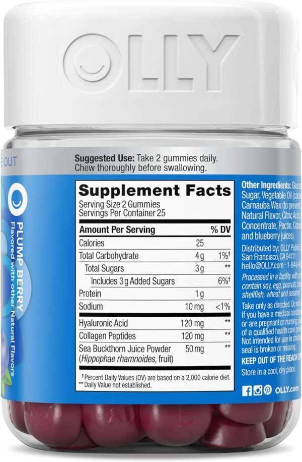 OLLY Glowing Skin Gummy, Hydrated & Youthful Skin,* Hyaluronic Acid, Collagen Peptides, Sea Buckthorn, Plump Berry Flavor, 25 Day Supply - 50 Count
