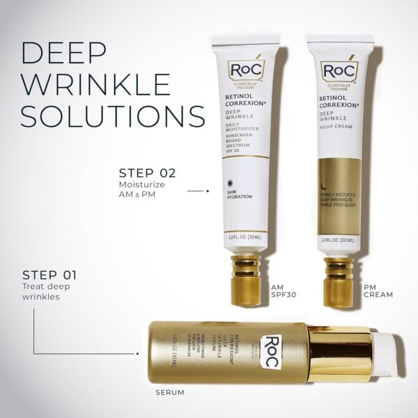 71KWuC9Y3mL._SL1500_.jpg RoC Retinol Correxion Deep Wrinkle Retinol Face Serum with Ascorbic Acid, Daily Anti-Aging Skin Care Treatment for Fine Lines, Dark Spots, Acne Scars, 1 Ounce (Packaging May Vary)