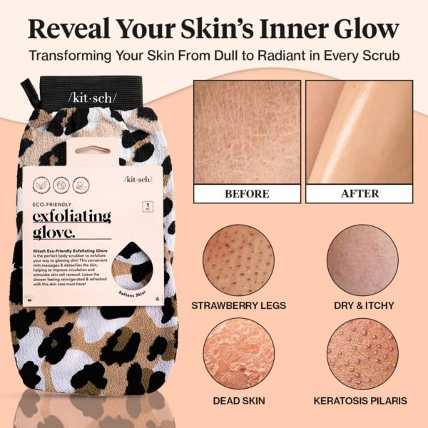 Kitsch Exfoliating Glove – Korean Exfoliating Mitt & Deep Exfoliating Body Scrubber for Shower, Bath | Body Exfoliator, Dead Skin Remover | Skin Care for Smooth, Renewed Skin - 1pc, Leopard