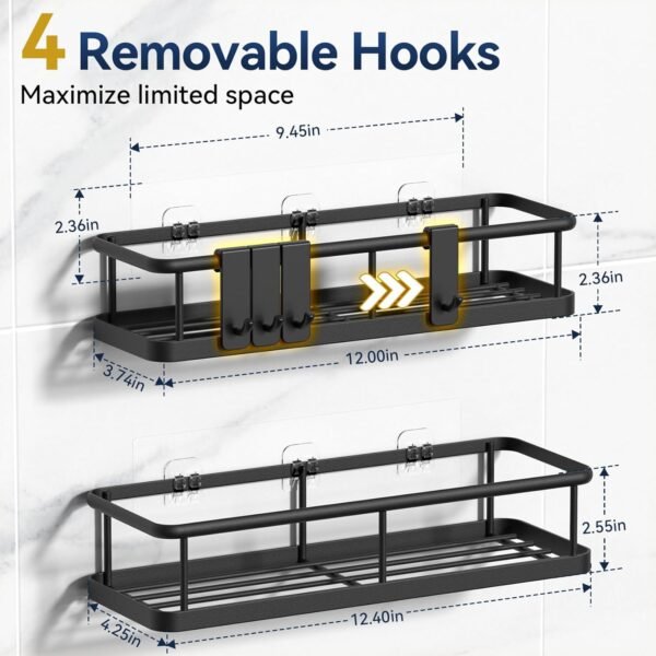 YASONIC Shower Caddy Adhesive, No Drill Bathroom Shower Organizers, with Removable Hooks, Rust Proof Shower Shelves, Wall-Mounted Shower Holder, Black, 2 Packs