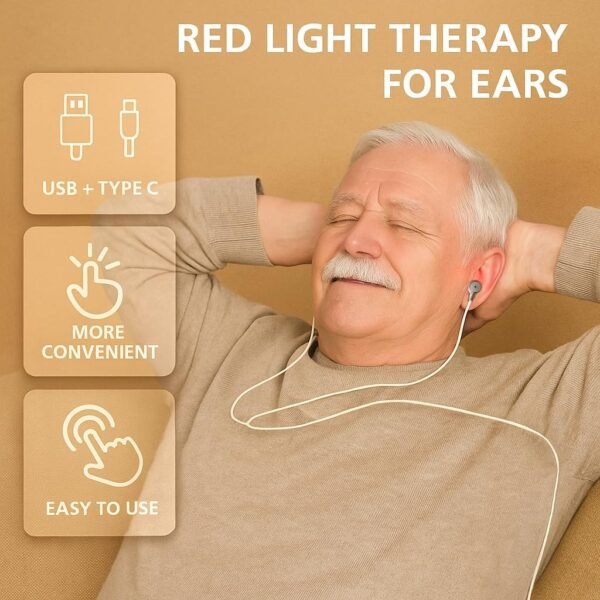 Red Light Therapy Device– Upgraded 650nm Red Light Therapy for Ears with USB & Type-C, Includes 2 Pairs of Silicone Ear Tips and Storage Case