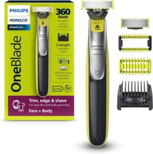 Philips Norelco OneBlade 360 Hybrid Face + Body, Electric Beard Trimmer, Shaver and Body Groomer, with 360 Blade Technology, 1x 360 Blade for Face, 5in1 Adjustable Comb, 1x Body Kit, Model QP2834/70