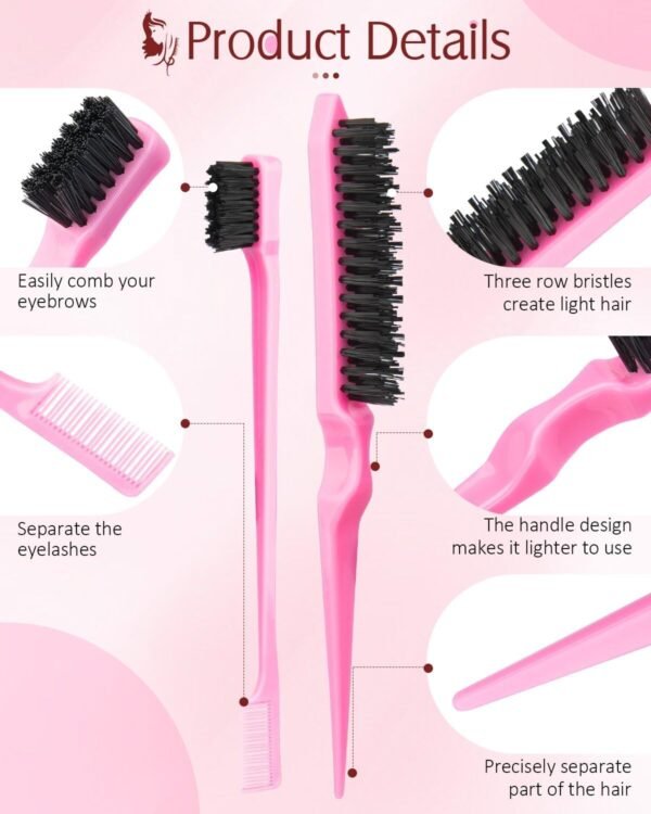 71LwFsuBsL._SL1500_.jpg Hair Styling Tool Set 8 Pieces -4 Topsy hair Tail Tools 2 Rat Tail Combs, 1 Slick Back Hair Bristle Brush and 1 Edge Control Brush, Woman Girl Pink