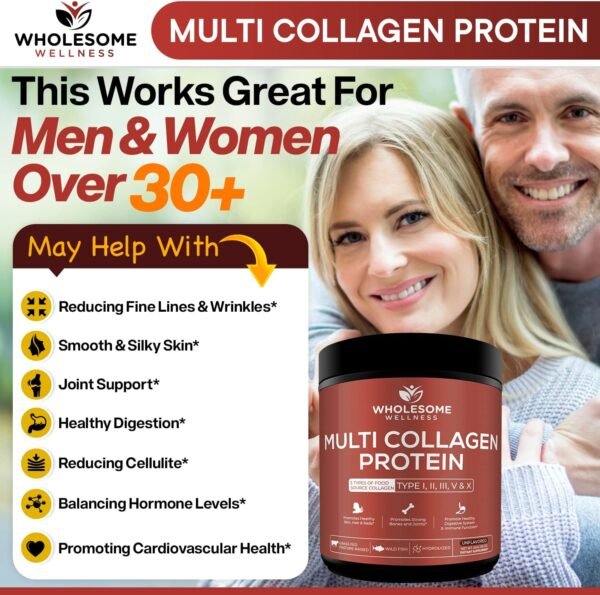 71MDSyk3uhL._AC_SL1500_.jpg Wholesome Wellness Multi Collagen Protein Powder Hydrolyzed (Type I II III V X) Grass-Fed All-in-One Super Bone Broth + Peptides - Premium Blend of Beef, Chicken, Wild Fish, Eggshell, 58 Servings