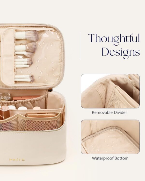 Prite Makeup Bag, Large Capacity Portable Travel Cosmetic Bag, Waterproof Makeup Organizer for Women with Handle and Divider(Beige)