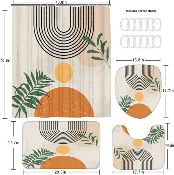 FZDHHY 4PCS Boho Shower Curtain Set Retro Orange Shower Curtain Bathroom Set with Rugs Abstract Shower Curtains for Bathroom with Carpet Bath Mat Toilet Rugs