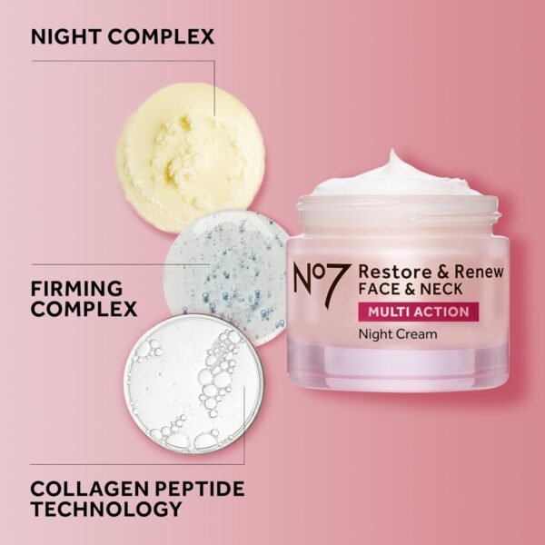 No7 Restore & Renew Multi Action Night Cream for Face & Neck - Nighttime Face Moisturizer with Collagen Peptides - Anti Aging Skin Care for Crepey Skin with Hyaluronic Acid & Ceramides (1.69 Oz)