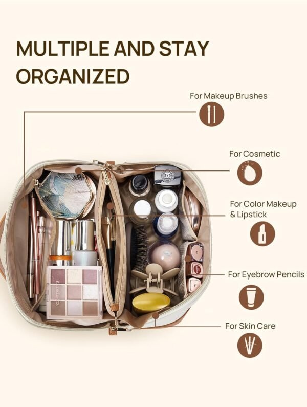 71Nc8rHUpL._AC_SL1500_.jpg Telena Makeup Bag Large Capacity Travel Cosmetic Bag Portable PU Leather Water Resistant Makeup Organizer Bags for Women with Handle and Divider Open Flat Beige with Brown