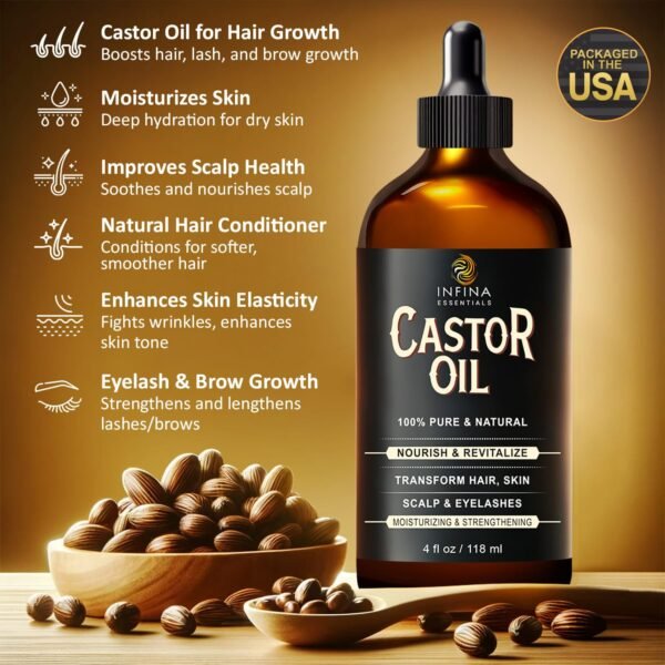 71N5om5D9GL._SL1500_.jpg Pure Cold Pressed Hexane-Free Castor Oil - Glass Bottle for Hair Growth, Face, Scalp, Skin & Eyelashes - Nourishing & Moisturizing - 4 fl oz