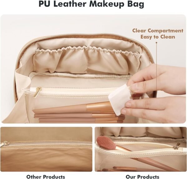 71NFdsB9e9L._AC_SL1500_.jpg Prite Makeup Bag for Women Travel Waterproof Vegan Leather Cosmetic Bag Open Flat Toiletry Bag With Clear Divider and Handle (Beige)