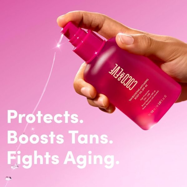 Coco & Eve Tan Boosting Anti-Aging Body Oil SPF45 - Tanning Accelerator Pump, UVA UVB Sun Protection | Moisturizing Outdoor Bronzing Enhancer with Natural Ingredients, Antioxidants (5.07 Fl Oz)