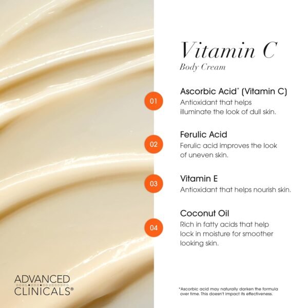 Advanced Clinicals Vitamin C Cream Visibly Brightening Body Lotion | Vitamin C Moisturizer Skin Care Body Cream For Women & Men Helps Visibly Improve Look Of Dark Spots & Uneven Skin Tone, 16 Ounce