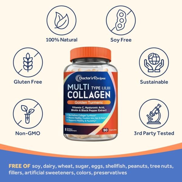 Doctor's Recipes Multi Collagen Peptides with Golden Turmeric, Vitamin C, Biotin, Hyaluronic Acid & Black Pepper, Collagen Supplements for Skin, Hair, Nail, Collagen for Women and Men, 90 Caps
