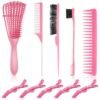 71O4QeQkI4L._SL1500_.jpg Boao 10 Pcs Hair Styling Kit - Detangler, Wide Tooth Comb, Teasing Brush, Rat Tail Comb, Edge Brush, Alligator Clips for Curly, Wet Hair - Gift for Women & Girls (Pink)