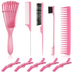 71O4QeQkI4L._SL1500_.jpg Boao 10 Pcs Hair Styling Kit - Detangler, Wide Tooth Comb, Teasing Brush, Rat Tail Comb, Edge Brush, Alligator Clips for Curly, Wet Hair - Gift for Women & Girls (Pink)