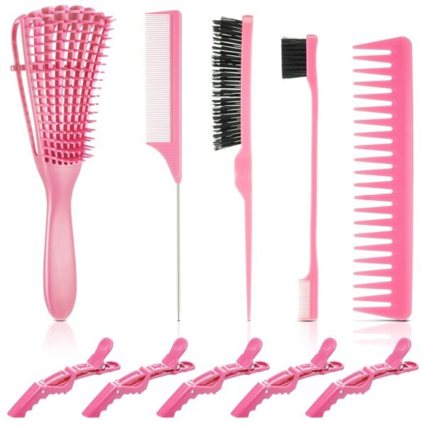 71O4QeQkI4L._SL1500_.jpg Boao 10 Pcs Hair Styling Kit - Detangler, Wide Tooth Comb, Teasing Brush, Rat Tail Comb, Edge Brush, Alligator Clips for Curly, Wet Hair - Gift for Women & Girls (Pink)