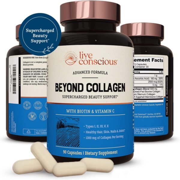 71O5irPIIyL._AC_SL1500_.jpg Live Conscious Beyond Collagen Multi Collagen Capsules - Types I, II, III, V & X - Hydrolyzed Blend with Biotin & Vitamin C for Hair, Skin, Nails 90 Capsules