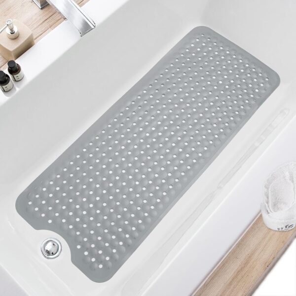 Bath Tub and Shower Mats, Non Slip 40 x 16 Inch Extra Large Bathtub Mat, Machine Washable Bathmat with Drain Holes, Suction Cups for Bathroom Floor, Gray