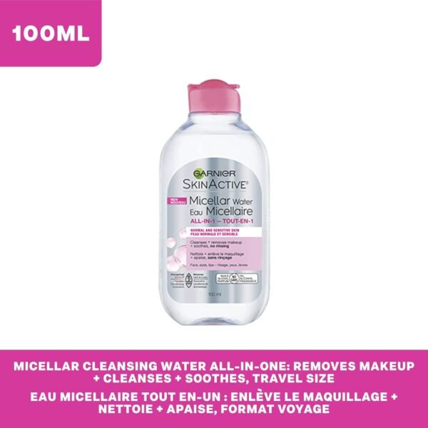 Garnier Micellar Cleansing Water, All-in-1 Makeup Remover and Facial Cleanser, For All Skin Types, 3.4 Fl Oz (100mL), 1 Count (Packaging May Vary)
