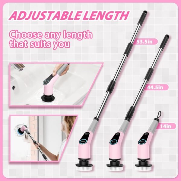 Electric Spin Scrubber, Cordless Cleaning Brush, Shower Scrubber with 8 Replaceable Brush Head, Power Cleaning Brush with Extension Handle, 2 Adjustable Speed, for Bathtub Tile Floor (Pink)