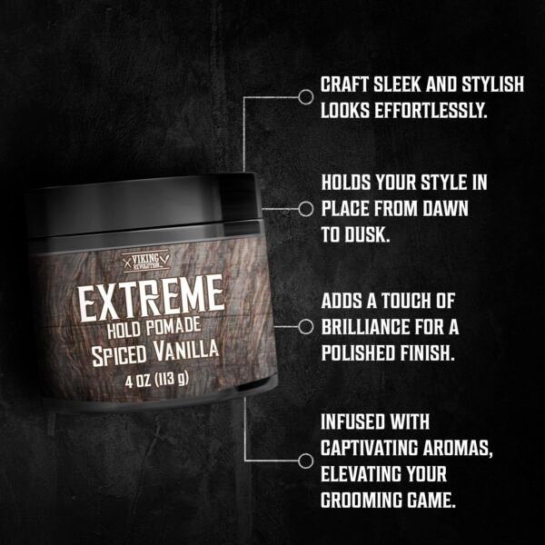 Viking Revolution Spiced Vanilla Hair Pomade for Men - Extreme Hold Hair Gel for Men Water Based - Mens Pomade Extra Firm Mens Hair Pomade Strong Hold - High Shine Mens Hair Cream (4oz)