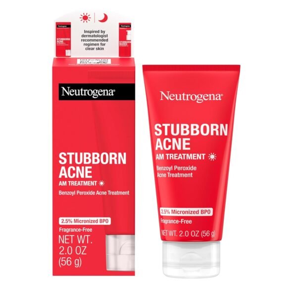 Neutrogena Stubborn Acne AM Face Treatment with 2.5% Micronized Benzoyl Peroxide Acne Medication, Oil-Free Daily Facial Treatment Reduces Size & Redness of Breakouts, Paraben-Free, 2.0 oz