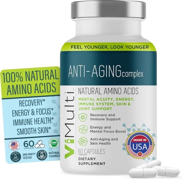Vitmulti Anti-Aging Natural Amino Acids Supplement for Women & Men – Supports Immune Health, Energy, Smoother Skin Tone, & Restorative Sleep, Anti-Aging Supplement Pills for Longevity, 60 Capsules
