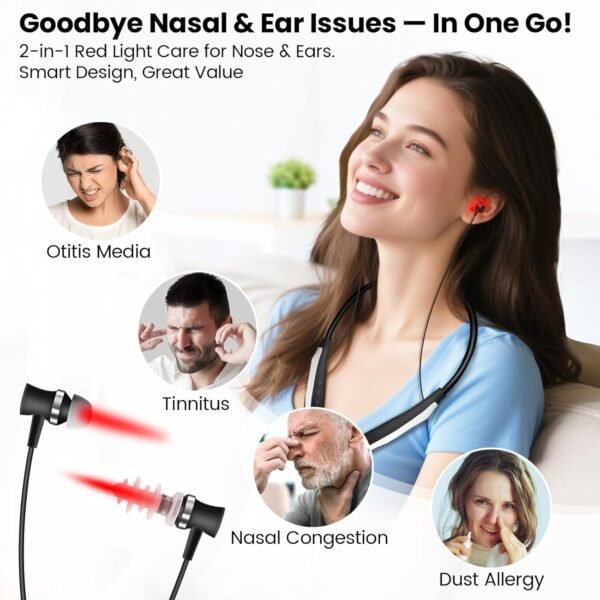 Red Light Therapy for Nose & Ears, 2-in-1 Infrared Nasal Therapy Device, Red Light Therapy for Ear Relief, Portable Light-weight Soothing Device with Neck-Hanging Design, Auto Timer, Rechargeable