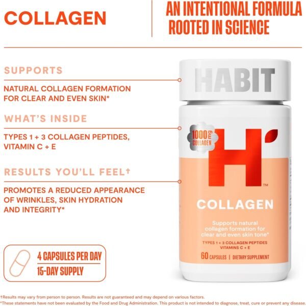 71OyOj2YcmL._AC_SL1500_.jpg Habit Collagen Supplement (60 Capsules) - New Look, 2000mg Collagen Peptides, Vitamin C & Vitamin E, Skin Health, Antioxidants, Non-GMO, Gluten Free (1 Pack)