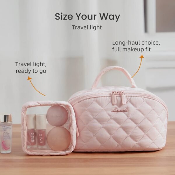 71OzgrrokXL._AC_SL1500_.jpg LOVEVOOK Travel Makeup Bag for Women, 2Pcs Set Puffer Waterproof Cosmetic Organizer, Large Capacity Pouch Open Flat Toiletry Bag with Divider & Handle, Portable Gift for Her, Pink
