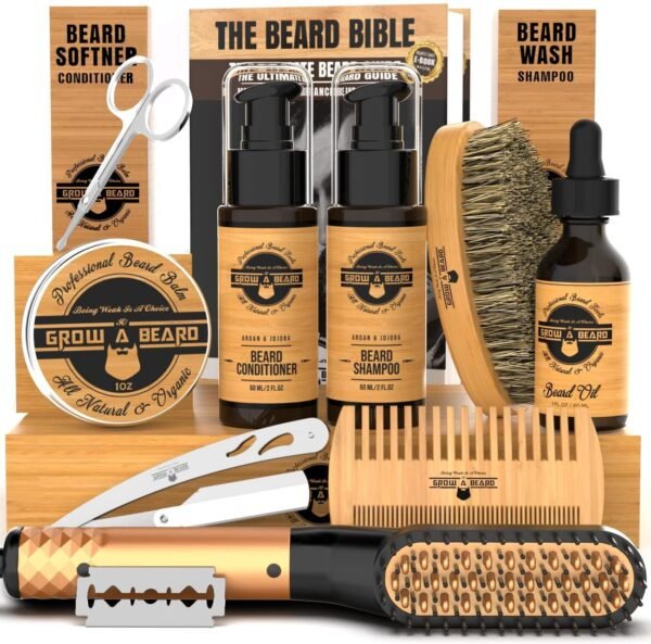 Beard Straightener Grooming Kit for Men, Beard Growth Kit, Wash, Brush & Comb, Unscented Growth Oil, All Natural Chanel Balm, Conditioner, Razor & Scissors, Great Gift Idea for Men's (Bamboo)