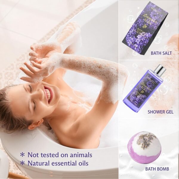Birthday Gifts for Women, Luxury Home Spa Kit, 8pcs Lavender & Lilac Bath Gift Set, Gift Baskets for Women Unique with Bath Bombs, Sea Salt, Scented Candle, Body Lotion