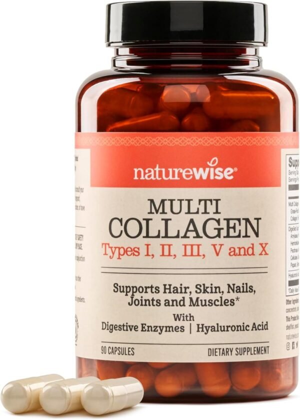 NatureWise Multi Collagen Peptides Pills for Women & Men - Type I, II, III, V, X w/Hyaluronic Acid - Supports Skin, Hair, Joint Health* - Grass Fed, Gluten Free, Non-GMO - 90 Capsules[30 Day Supply]