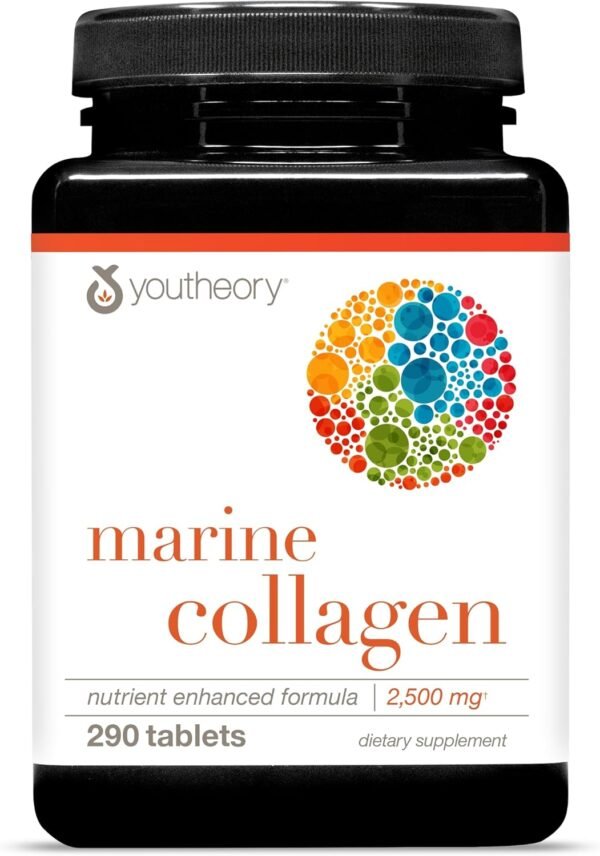 71PWu2BQ2DL._AC_SL1500_.jpg Youtheory Marine Collagen - 2,500 mg Hydrolyzed Collagen - Supports Skin* - Fish-Sourced Collagen - with Vitamin C, A, C, E, B6, B12 & More - Highly Digestible and Absorbable - 290 Tablets