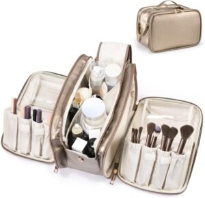 71PkiM5peL._AC_SL1500_.jpg Travel Makeup Bag Women's Large Capacity Cosmetic Portable Organizer Large Opening Waterproof Storage Toiletry Bags Vertical Free-Standing Brush Holder for Easy Access Copper