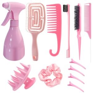 DUAIU Hair Brush Set, 12PCS Brushes and Combs for Women, Vented Deangler Brush, Slick Back Brush, Wide Tooth Comb, Spray Bottles, Styling Tools (PINK)
