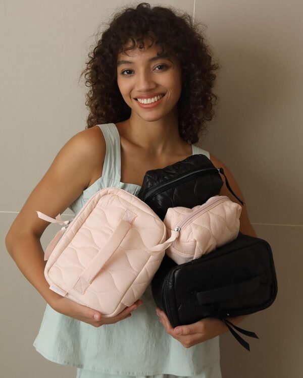 BAGSMART Travel Makeup Bag, 2-Piece Puffy Quilted Cute Make Up Bag Cosmetic Bags for Women, Large Wide-Open Toiletry Pouch Gifts for Toiletries Accessories Travelling Essentials, Pink