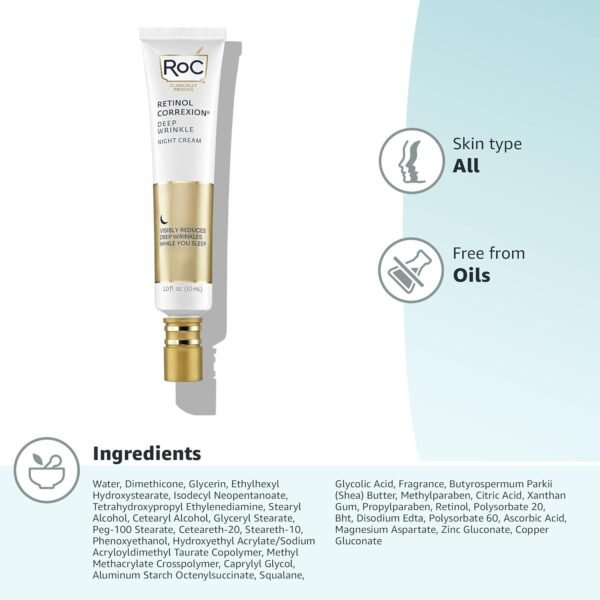 71Qpx2mnqL._SL1500_.jpg RoC Retinol Correxion Deep Wrinkle Anti-Aging Night Cream, Daily Face Moisturizer with Shea Butter, Glycolic Acid and Squalane, Skin Care Treatment, 1 Ounces (Packaging May Vary)