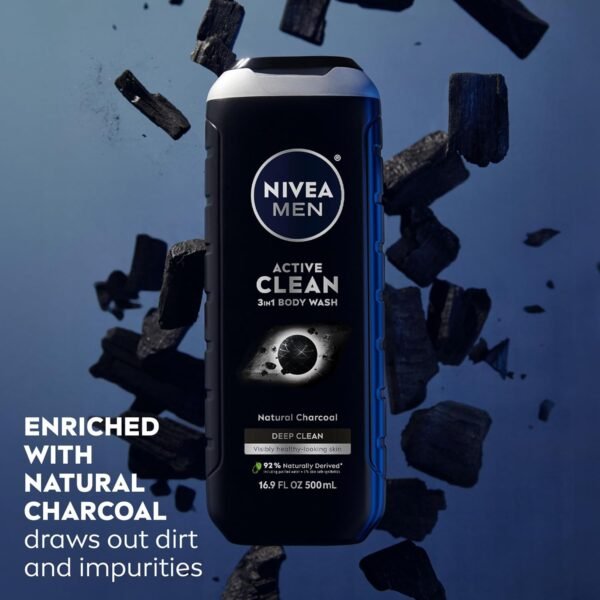 Nivea Men Active Clean Body Wash with Natural Charcoal for Normal to Oily Skin, 3-in-1 Charcoal Body Wash, Face and Hair, Draws Out Dirt and Impurities, 16.9 Fl Oz Bottle, Pack of 3