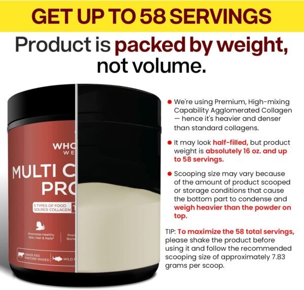 71RG1CvnrUL._AC_SL1500_.jpg Wholesome Wellness Multi Collagen Protein Powder Hydrolyzed (Type I II III V X) Grass-Fed All-in-One Super Bone Broth + Peptides - Premium Blend of Beef, Chicken, Wild Fish, Eggshell, 58 Servings