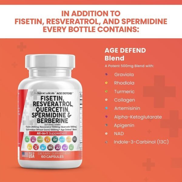 Clean Nutraceuticals Fisetin Quercetin Resveratrol with Spermidine Wheat Germ Extract - Health Supplement for Adults Longevity with Berberine, Collagen, Rhodiola, Apigenin
