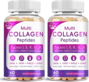 71RngtrjjFL._AC_SL1500_.jpg Multi Collagen Peptides Softgel - Type I, II, III, V, X - Hydrolyzed Collagen Peptides with Biotin, Vitamin C, Hyaluronic Acid, Supports Skin Hair Nail, Grass-Fed, Non-GMO, 60 Softgel, 2 Pack