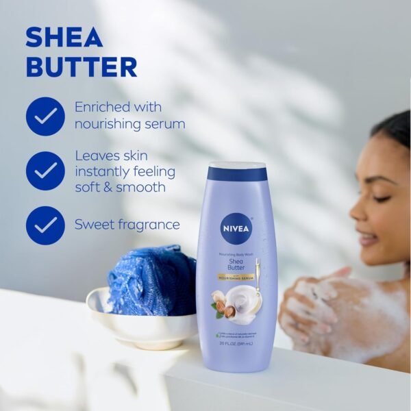 NIVEA Nourishing Shea Butter Body Wash with Nourishing Serum, Moisturizing Body Wash for Women, Enriched Provitamin B5 and Vitamin E, 20 Fl Oz Bottle