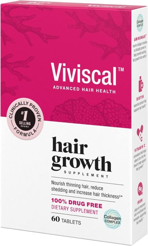 Viviscal Hair Growth Supplements For Women For Thicker, Fuller Hair, Nourishes Thinning & Loss, With Proprietary Collagen Complex, 60 Tablets, 1 Month Supply