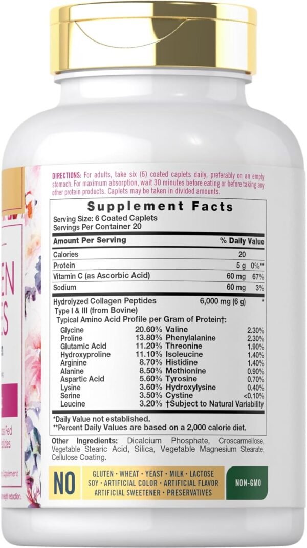 71SA0x4EjjL._AC_SL1500_.jpg Carlyle Collagen with Vitamin C | 6000mg | 120 Caplets | Multi Collagen Peptide Pills | Type 1 and 3 | Non-GMO, Gluten Free, Grass Fed
