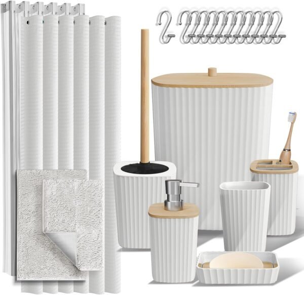 Clara Clark Bathroom Accessories Set - 22PC Bathroom Set, Bathroom Sets with Shower Curtain and Rugs, White Shower Curtain Set with Bathroom Trash Can