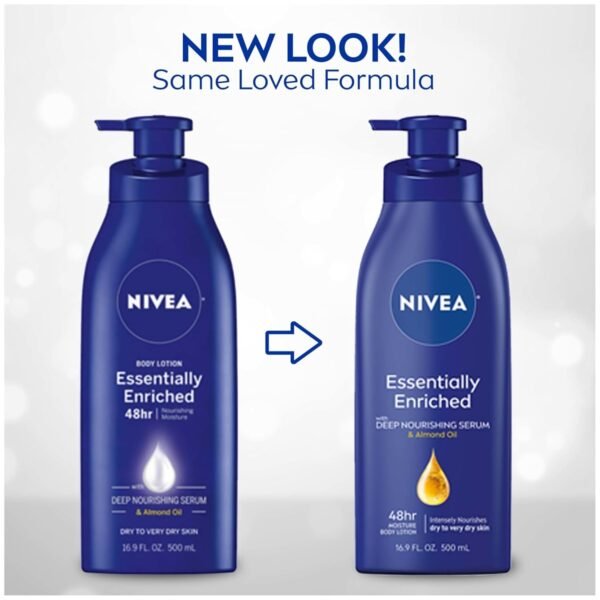 NIVEA Essentially Enriched Body Lotion for Very Dry Skin with Hyaluronic Acid, Almond Oil and Deep Nourishing Serum, 72-Hour Body Moisturizer, 16.9 Fl Oz Pump Bottle, Pack of 2